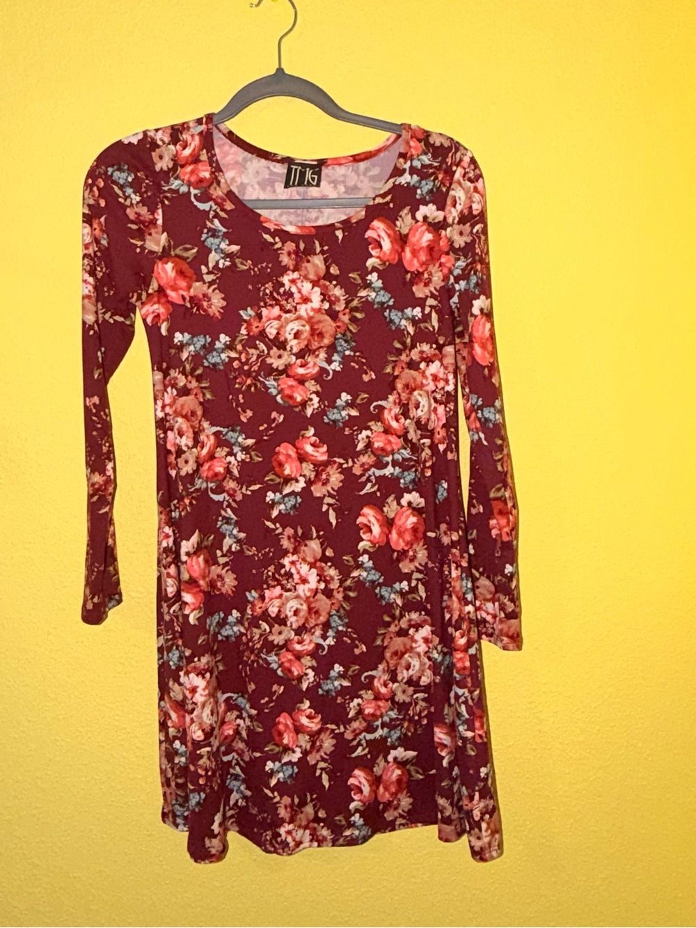 TT15 Women's Floral Long-Sleeve Burgundy Swing Dress